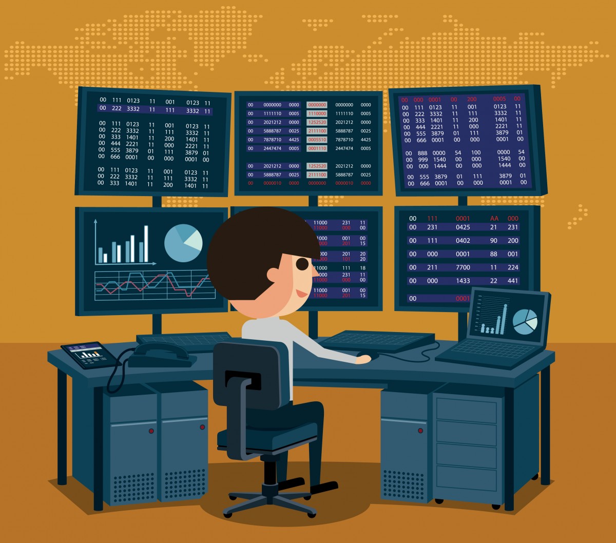 Eine Figur am Rechner, umgeben von vielen Charts - Data Analyst eben