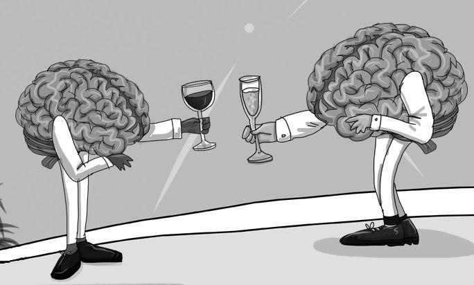 2 Gehirne als Personen mit Wein- bzw. Sektglas in der Hand