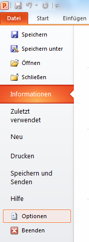 Datei-Optionen in Microsoft Office 2010